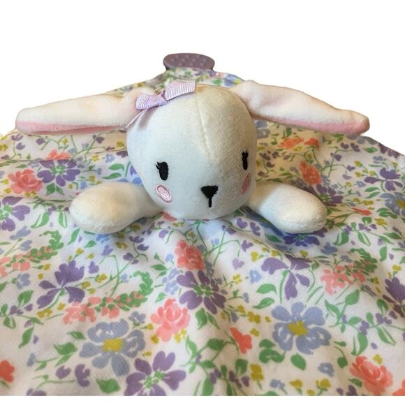 Modern Baby Bunny Rabbit Lovey Security Blanket Teether Rattle Floral 12x12 - Picture 2 of 8